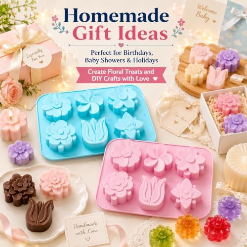 2 Pack 6 Cavity Tulip Flower Silicone Molds, Food Grade Flexible Reusable Molds Easy Release for Soap Bath Bomb Chocolate Candy Jelly Ice Cube, Microwave Freezer Dishwasher Safe