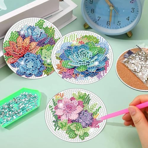 8 Pcs Green Plants Diamond Art Coasters Kit for Adults with Holder 4x4in