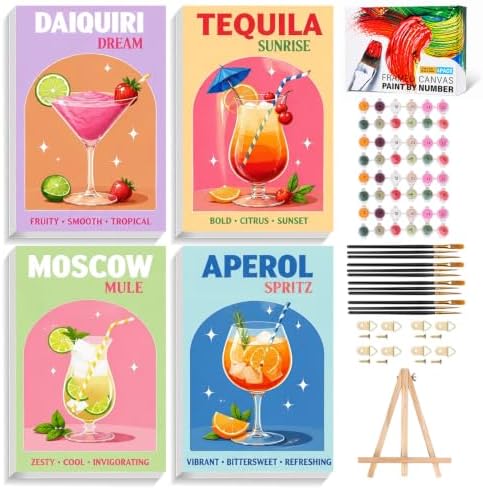 AUKELHJ 4 Pack Framed Paint by Numbers Kit for Adults, Cocktail, 8x12 inch | Paint by Number for Adults, Beginner Friendly, Framed Canvas, Easel Included, Fun and Relaxing, Gifts Box, Home Wall Decor