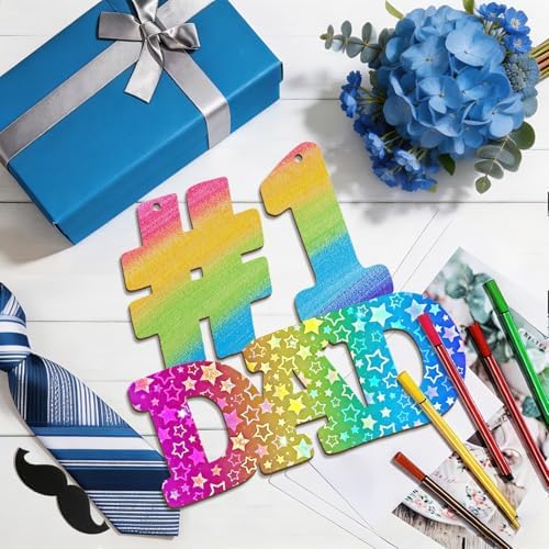 Large 12" Wooden Fathers Day Crafts for Kids Ornaments to Paint DAD, DIY Blank Unfinished Father's Door Sign Wreaths for Front Door Plaque Photo Props Gifts Hanging Daddy Birthday Party Supplies Decor
