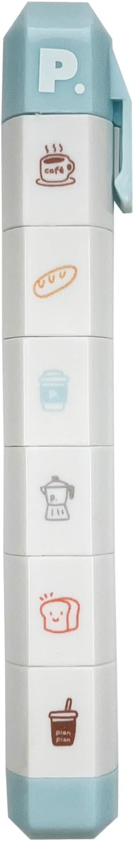 6-in-1 Retractable Pre-Inked Pen Roller Stamp – Coffee Theme Self-Inking Stamp Set Includes Coffee Cup, Latte, BreadEspresso, Café – Rotatable Detachable Design for Coffee Lovers, Planners, Journals