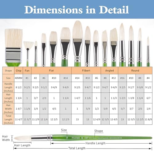 Falling in Art 15 Pcs Professional Oil Paint Brush Set, Natural Hog Bristle
