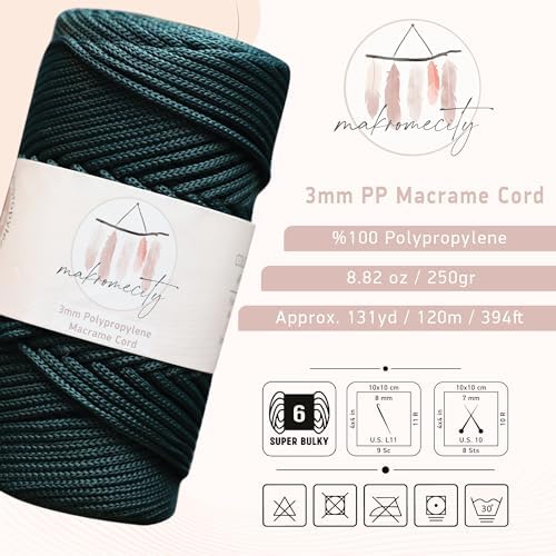 Makromecity, Premium Polyester Macrame Cord 3mm x 131 Yards (394 feet) 3mm Polypropylene Forest Green Macrame Cord Crochet Macrame Bag Cord Crafts for Wall Hangings, Bags, Underplate