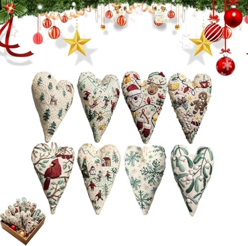 Froklic New Christmas Embroidery Kits, DIY Heart Shaped Hand Christmas Tree Embroidered Ornament Kit, Nativity Cross Stitch Kit for Winter Pattern Embroidery Decoration (with Needles-8PCS)