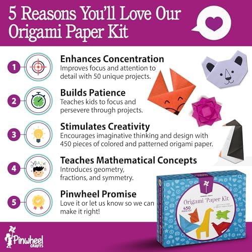 Pinwheel Crafts Origami Kit for Kids Ages 5-12 with 450 Sheets, 50 Projects | 400 solid color sheets in 20 colors, 50 Japanese pattern sheets, 50 projects, guide book, 6x6 inch double sided