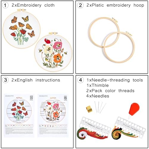 Flowers Embroidery Kits for Beginners Adults, Butterfly Hand Embroidery Starter Kits, Bee Cross Stitch Kits for Beginner Needlepoint DIY Kits for Adult, 2 Set Embroidery Hoops, Thread & Video Tutorial