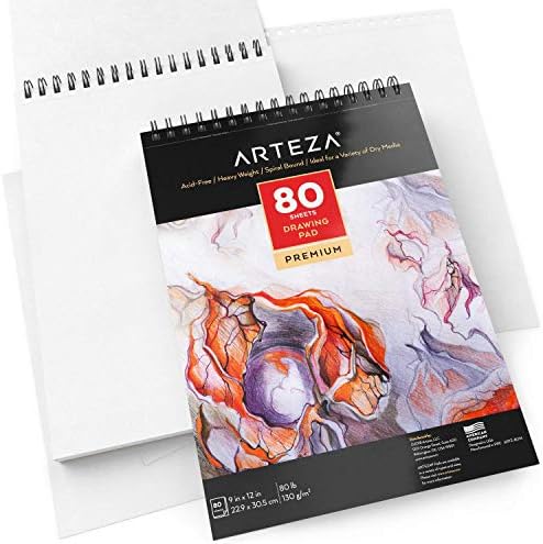 ARTEZA Drawing Paper Pad, 9 x 12 Inches, Pack of 1, 80 Sheets, Spiral Bound Artist Drawing Books, Durable Acid Free White Sketch Paper