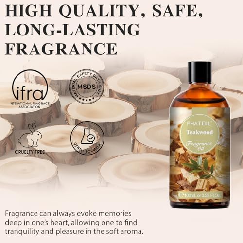 PHATOIL Teakwood Fragrance Oil for Diffuser Aromatherapy 3.38FL.OZ | Long Lasting Scented Oils For Humidifier, Air Freshener, DIY Soap Candle, Scent Project Making, Aroma Oil for Home Freshening
