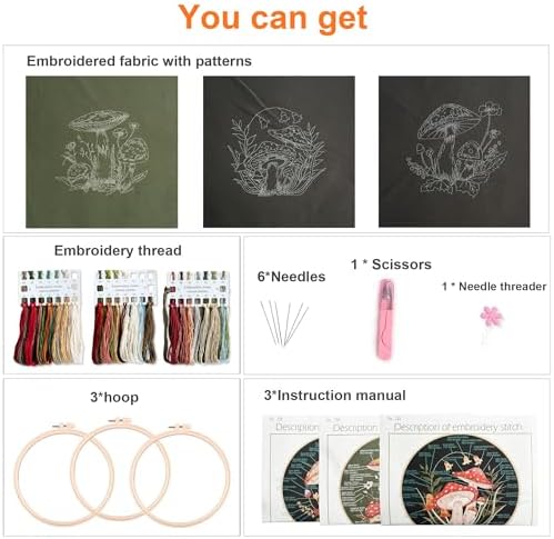 Myfelicity 3 Sets Mushroom Embroidery kit, Adult Beginner DIY Needle kit,Art Craft Handy Sewing Set