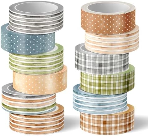 AnyDesign 12 Rolls Vintage Washi Tape Set Watercolor Earth Tone