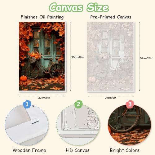 Spandrel Autumn Framed Paint by Numbers Kit for Adult Bicycle, Adult Paint by Number Kits on Canvas Fall Landscape, DIY Acrylic Oil Halloween Painting by Numbers for Home Wall Decor, 8x12in