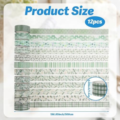 12 Rolls Floral Washi Tape Set, Green Watercolor Flowers Design for for Journaling, Scrapbooking, DIY Craft, Planners, Gift Wrapping, Back to School Art Supplies