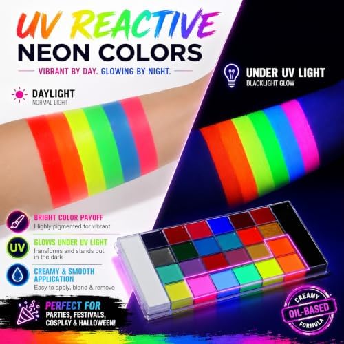 Face Painting Kit, 26 Colors Oil Based Face & Body Paint Palette with Translucent Setting Powder & 10 Brushes, Large Black & White Pans for Halloween SFX Cosplay Costume Makeup