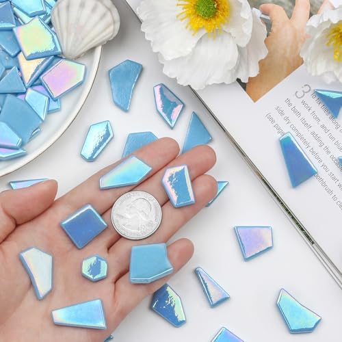 Youway Style Iridescent Glass Mosaic Tiles for Crafts Bulk,200g Blue Broken Mosaic Glass Pieces for Garden Crafts Kits,DIY Mosaic Art Decor