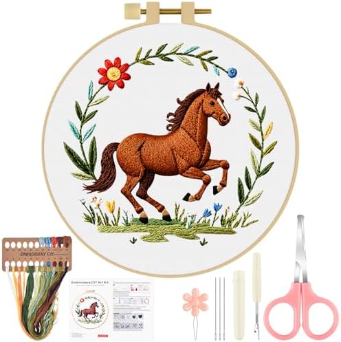 ERKOON Embroidery Kit for Beginners Adult, Cross Stitch Set Include Embroidery Cloth Hoop Threads for Craft Lover Hand Stitch with Embroidery Skill Techniques (Horse)