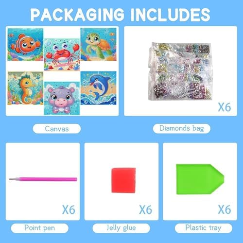 GQYCZZ Animal Diamond Painting Kits for Kids/Beginners, Diamond Art Gem by Number Kits Arts and Crafts for Kids, Mosaic Kits DIY Full Drill Painting Kit for Home Wall Decor 6 Pieces 6" X 6"