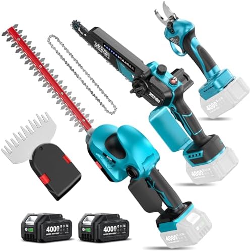 SEESII 4-in-1 Electric Mini Chainsaw, Battery Hedge Trimmer & Pruner Combo | Hand Pruning Shears with 2× Rechargeable 4000mAh Batteries, Grass Shear, Garden Tool Kit for Tree Trimming & Branch Cutting