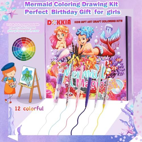 DOKKIA Fruit Scented Coloring Pens Markers Set 65 PCS Art Craft Drawing Case - Washable Kits Pencil,Gel Pen,Crayon&Coloring Book Supplies Mermaid Tail Purple