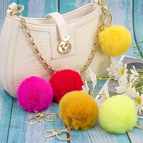 BQTQ 18 Pieces Pom Pom Keychains Rabbit Faux Fur Balls with Golden Hooks