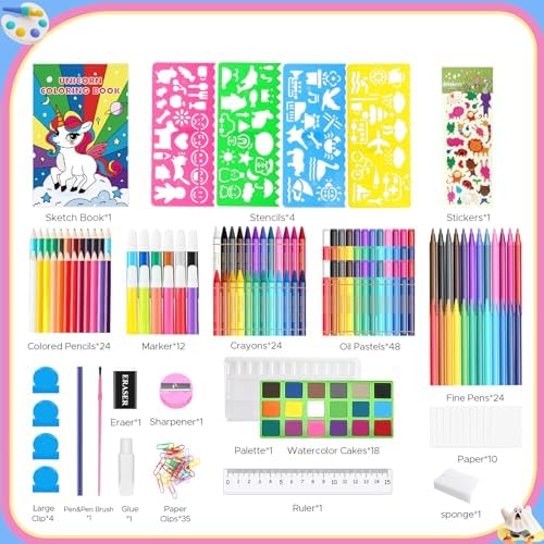 homicozy Art Supplies for Kids,Drawing Kits Unicorn Art Case Coloring Set with Double Sided Trifold Easel,Crayon,Colored Pencil,Marker,Coloring Book,Stencil,Sticker,Drawing Stuffs Gifts for Girls 4-12
