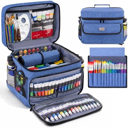 JJRING Acrylic Paint Organizer Bag With Adjustable Dividers, Blue