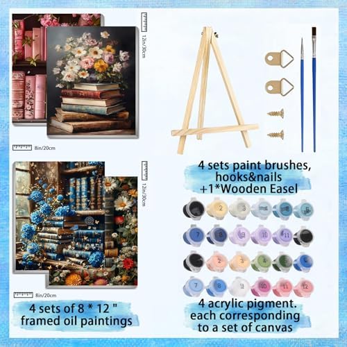 4 Pack Vintage Books Paint by Numbers for Adults with Framed Canvas 8x12in