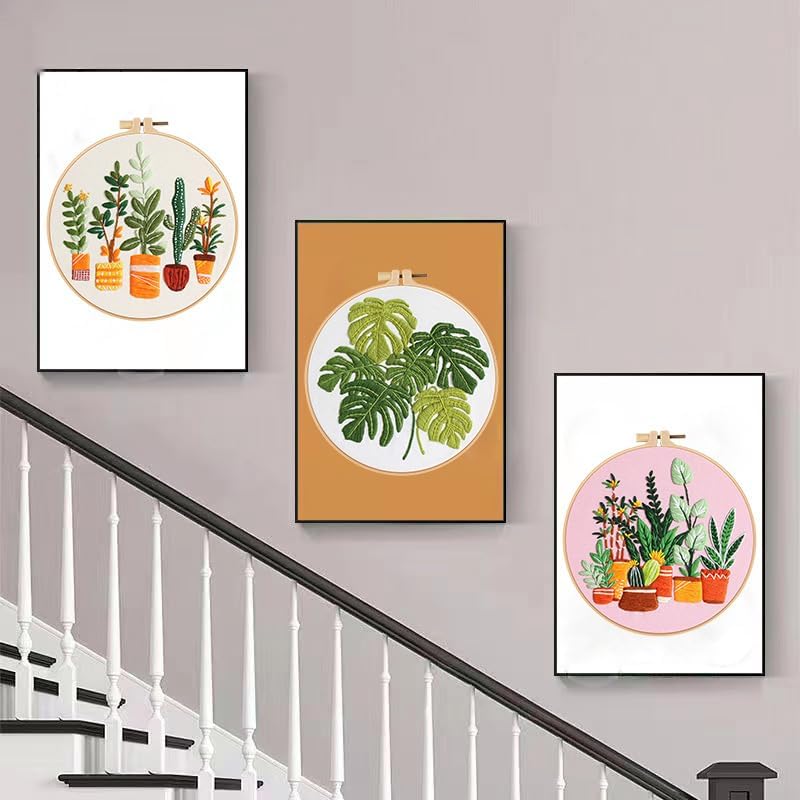 Konrisa Embroidery Kits for Adults Beginner, European Style Garden Plant Green Leaf Stamped Embroidery Starter Kit,DIY Sewing Practice, Needlepoint Cross Stitch Kit,Set of 3