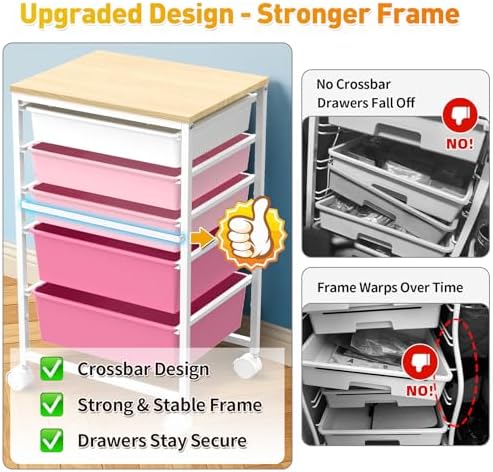 SUNALLY Rolling Carts With 5 Drawers, Storage Drawer Carts for Craft, Pink | Rolling Utility Cart with Wooden Tabletop & 2 Lockable Wheels, Teacher Storage Cart for Classroom School, Makeup, Nail, Art