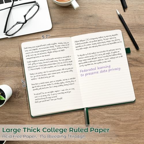 MALEDEN Notebook, A5 Hardcover Leather Notebook for Work, Notebook Journal for Women, Men, 192 Thick Paper, Large Notebook with Pockets, Professional Business Notebook (College Ruled, Green)