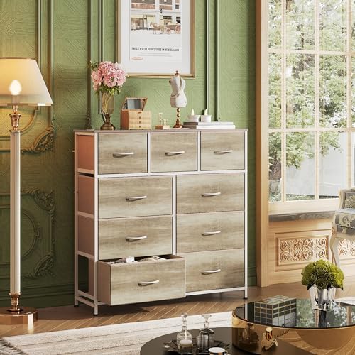 WLIVE Tall Dresser for Bedroom, 9 Drawer Chest of Drawers, Greige | 9 roomy fabric drawers, Tall storage design, Bedroom or closet use, Sturdy steel frame, Smooth wood tabletop