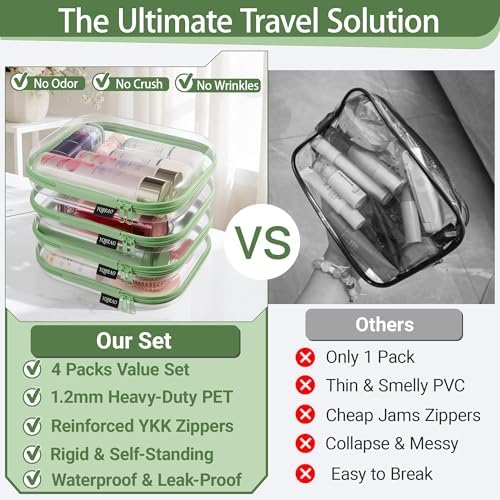 YQBRAO Clear Hard Shell Zipper Cases, 4 Medium Makeup Organizers, Green