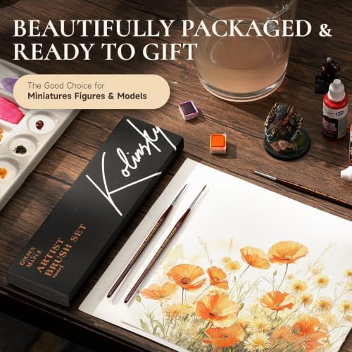 Kolinsky Sable Miniature Paint Brushes, Professional Fine Detail Paint Brushes, Golden Maple Round Point Paint Brush for Miniatures, Watercolor Details, Figures & Acrylic - Size 00, 0, 1