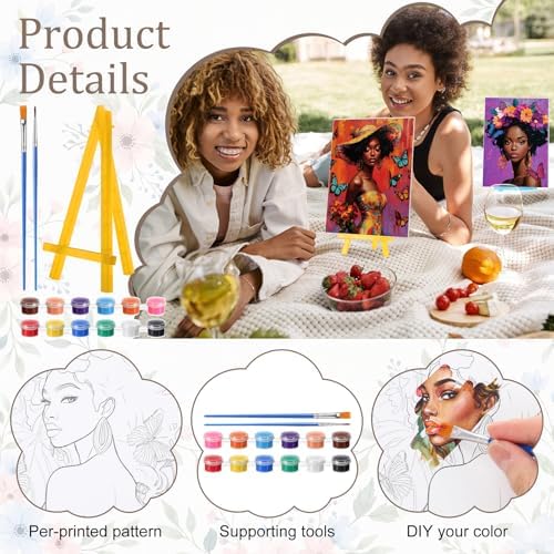 Blosssound 10 Set Pre Printed Canvas Pre Drawn Canvas Painting with Easel Kits 5" x 7" Outline Painting Panels for Beginners, DIY Craft Project, Party Favor, Home Decors(Flower Lady)