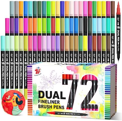 Brush Pens for Adult Coloring Books, 72 Colors Dual Tip Art Markers – Fine Tip for Outlining + Brush Tip for Coloring, Water-Based Non-Bleeding Markers for Journaling, Calligraphy, Hand Lettering