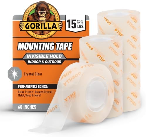 Gorilla Tough & Clear, Double Sided Mounting Tape, Weatherproof, 1" x 60", Clear, (Pack of 12)