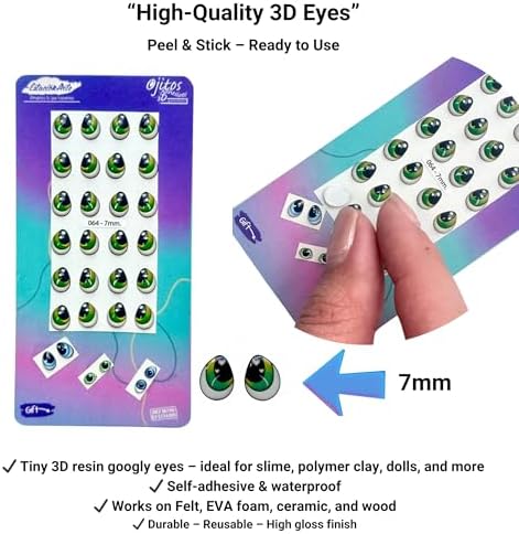 3D Resin Doll Eyes – 7mm Self-Adhesive Craft Eyes (24 pcs / 12 Pairs) – Realistic Cabochon Eyes for Amigurumi, Dolls, Polymer Clay, Cold Porcelain, Felt & DIY Crafts (Green)