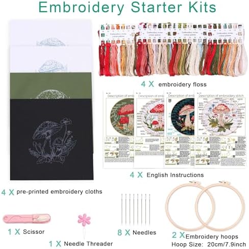 Harimau Adult Beginner Embroidery Starter Kit, Complete Set with 4 Patterns, 2 Hoops, Needles, Scissors, Instruction Guide & Stitching Video Tutorials