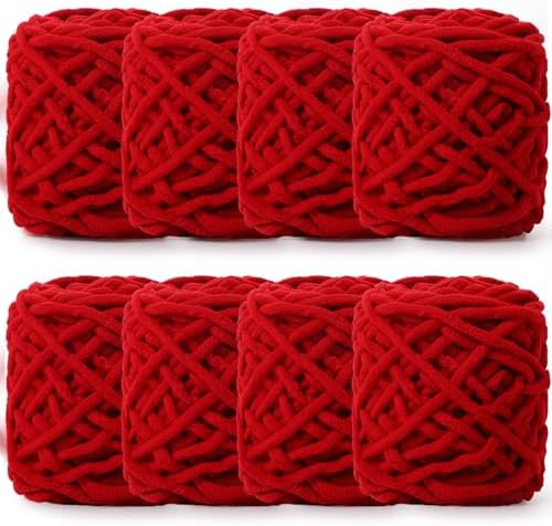 Buryeah 8 Pack Chunky Chenille Yarn for Crocheting, Red