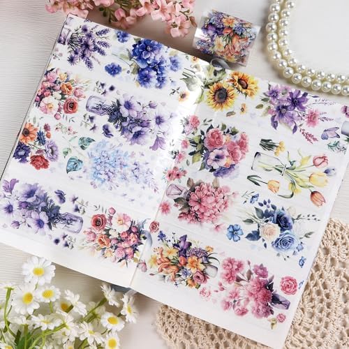 Sitsink Journaling Scrapbook PET Tapes - Floral Scrapbooking Junk Journal Supplies, Flower Decorative Tapes for Art Crafts, Aesthetic Washi Tapes Scrapbooking Supplies, Floral Journaling Tapes