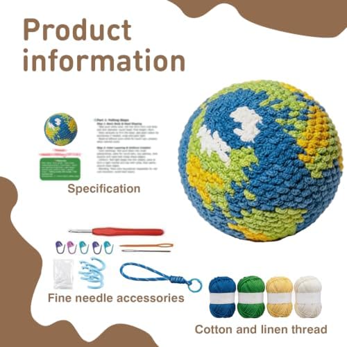 DIY Crochet Earth Globe Kit for Beginners – Handmade Amigurumi Planet Ball Craft Set with Yarn, Fiberfill, Keychain Strap & Instructions – Easy Beginner Crochet Decor and Pendant Gift for Adults