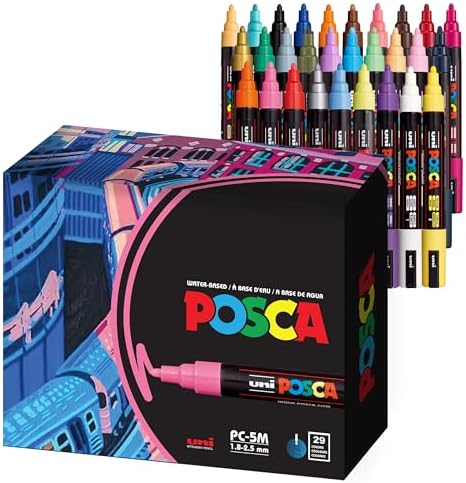 Uni Posca Paint Markers, 5M Medium Acrylic Markers with Reversible Tips, Artist Recommended For Gifts, Decorations, Fabric, Metal, Glass, Wood and Canvas, Assorted Colors, Set of 29