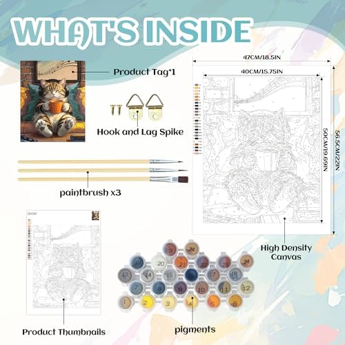 Gaming Cat Paint by Numbers Kit for Adults, Music & Coffee Art, 16x20 Inch