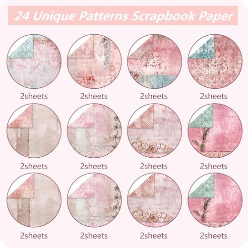 Vintage Scrapbook Paper 12 ×12 - 24Sheets Double-Sided Pattern Decorative Paper | Scrapbook Supplies & Card Making Supplies for DIY Crafts Art Journaling Photo Album Decor (Pink)