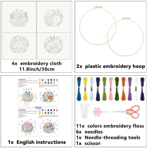 ORIGACH 4 Pack Easy Flower Embroidery Kits for Beginners DIY Starter Hand Embroidery Kit with Floral & Plants Patterns and Instructions for Adults Women Crafting