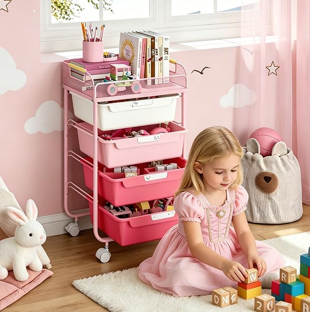 SYKIARIOL 4-Drawer Rolling Storage Cart with Mesh Top, Rose Pink