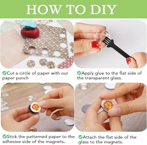 97pcs DIY Fridge Magnets Craft Set Include 1-Inch Paper Punch,Craft Magnets Glass Ceramic Ferrite Magnet with Adhesive Backing and Clear Glass Cabochons for Refrigerator (48 Sets,1 Inch, Round)