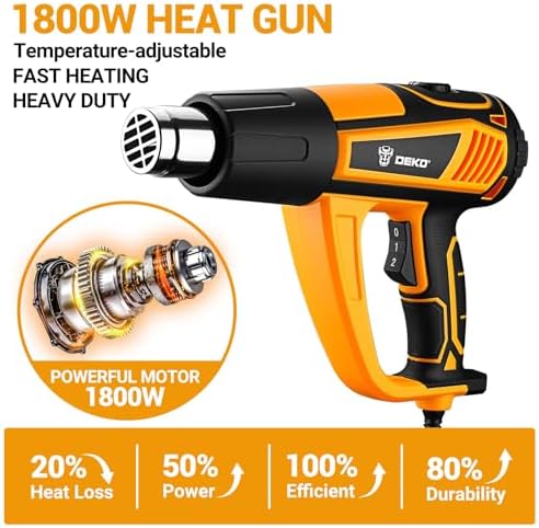 Heat Gun Hot Air Gun: DEKOPRO 1800W Heat Guns with Variable Temperature Control 120℉-1200℉/50℃- 650℃, Heat Guns for Crafting, Vinyl Wrap, Shrink Wrap with Overload Protection & 4 Nozzles