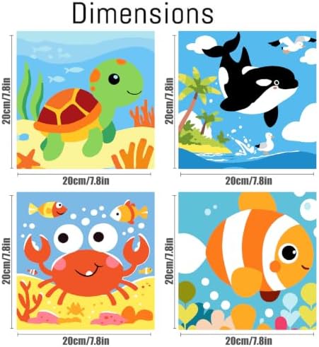 FQOVKYN 4 Pack Paint by Numbers Kit for Kids with Frame, Cute Marine Animals Kids Paint by Numbers Ages 4-6-8, Easy DIY Acrylic Oil Painting by Number for Gift Home Wall Decor(8x8 inch)