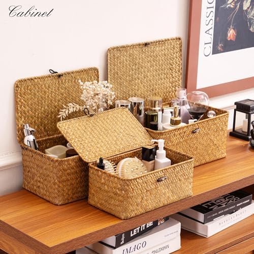 Nonam Wicker Storage Basket with Lid,Seagrass Shelf Basket Set of 3,Nautral