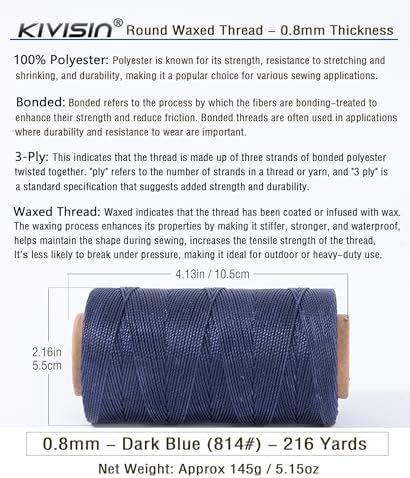 Heavy Duty Round Waxed Thread 0.8mm, 218 Yards, Dark Blue, Bonded Thick Polyester Wax Coated Cord for Leather Sewing, Upholstery, Whipping Twine, Basket Weaving and Macrame Making